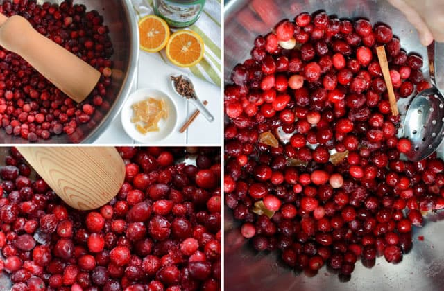 Three images in a collage of cranberries in a metal bowl. Top left image shows cranberries in a metal bow with wooden  ladle on top of the pile and a small white bowl with ingredients, a white spoon with herbs, and two orange slices. Bottom left and right image are close up  of the cranberries inside the metal bowl. | Makesauerkraut.com