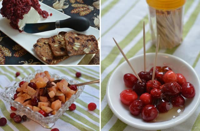 Three image collage showing Cranberry-Orange relish at the top left in a flat white plate with butter knife, raw Cranberry-Apple Chutney at the bottom left in a glass square bowl, and pickled cranberries in a white bowl with toothpicks at the right. | MakeSauerkraut.com