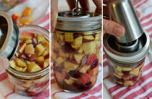 Three picture collage of cranberry apple chutney in a glass jar and using metal fermentation lid water-sealed moat to seal the jar. | Makesauerkraut.com