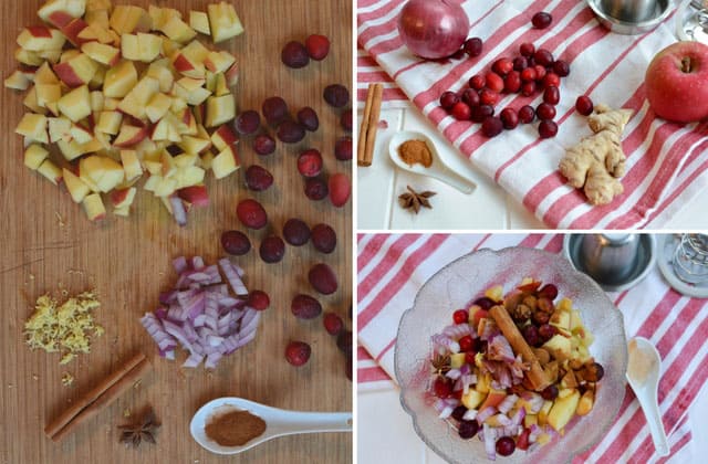 Three picture collage of ingredients for cranberry apple chutney, left image showing apples, cranberries, garlic, star anise, cinnamon stick, chopped onion, and spoon with herb powder, top right image showing the same ingredients over red cloth and bottom right image showing mixed ingredients inside glass bowl. | Makesauerkraut.com