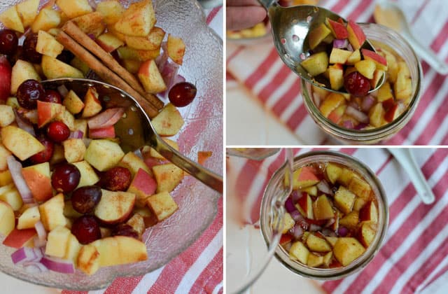 Three picture collage of cranberry apple chutney ingredients. Picture on the left are the ingredients inside glass bowl with a metal spoon mixing them together. The top and bottom right pictures show these ingredients being packed into glass jar. | Makesauerkraut.com