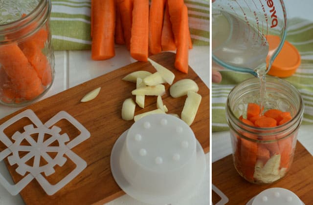 Two images side-by-side, left image showing sliced carrot sticks and chopped garlics and ViscoDisc tab and right image showing brine being poured into jar with carrot sticks and garlic. | MakeSauerkraut.com