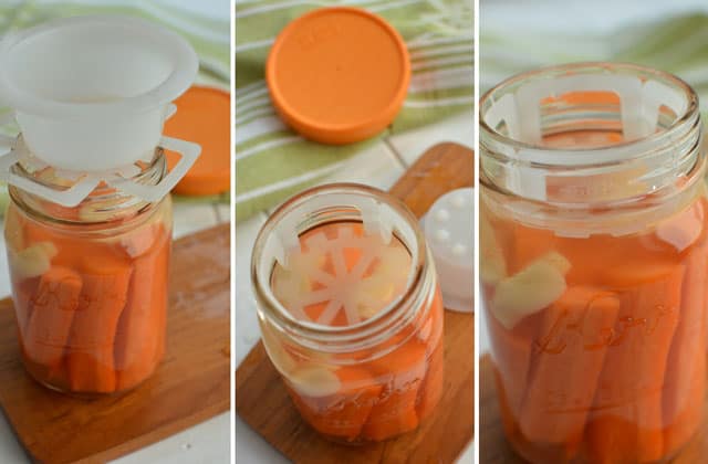 Three images showing carrot sticks and garlic with brine being packed into a pint canning jar and inserting the ViscoDisc tab in each. | MakeSauerkraut.com