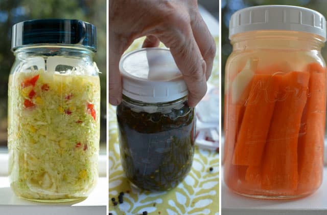 Three image collage of jars with sauerkraut using ViscoDisc Canning buddies. | MakeSauerkraut.com