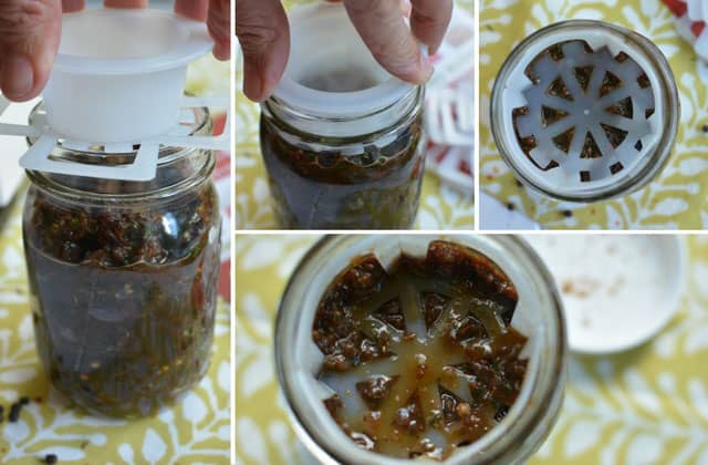 Four collage images of packing processed raisin chutney into small jar, and the ViscoDisc being inserted in each picture. | MakeSauerkraut.com