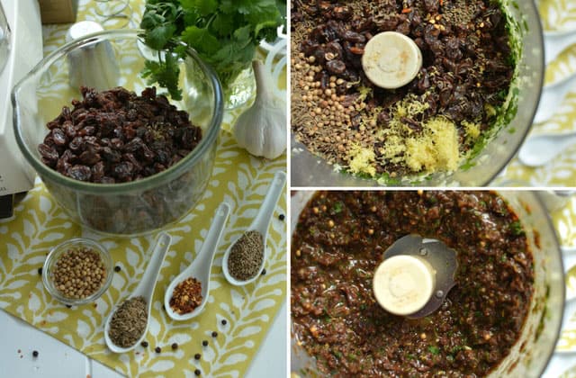 Three image collage with left image showing a bowl of raisings and three spoons with herbs and a small bowl with seasoning, The top and bottom right showing top view of processed ingredients as fermented raisin chutney. | MakeSauerkraut.com