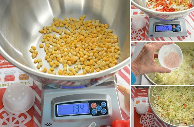 Four image collage showing MyWeigh KD-8000 with metal bowls on top with kernels in the left picture, other ingredients in the top right, a hand holding a saucer of salt over ingredients in the middle right, and a bowl of mixed cabbages in the bottom right. | MakeSauerkraut.com