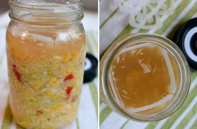 Two images of a jar of sauerkraut with the ViscoDisc tabs making sure the mixture stay below the brine. | MakeSauerkraut.com