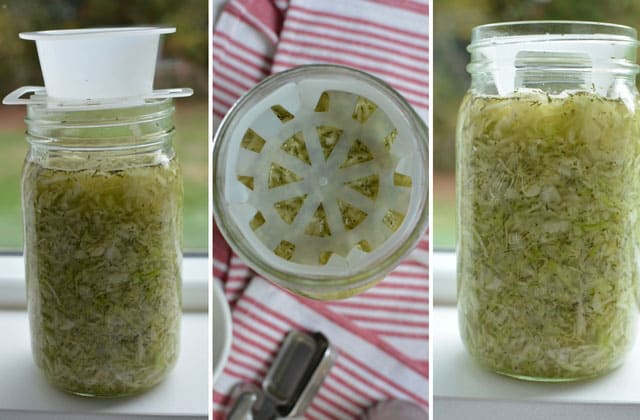 Three collage image of a filled jar of sauerkraut, left image shows the ViscoDisc tab sitting on the rim before being inserted, middle image shows top view of ViscoDisc tab inside the jar, right image shows front view of the jar with ViscoDisc tab inserted. | MakeSauerkraut.com