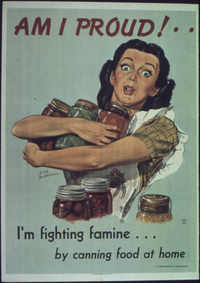 Old magazine style poster with a lady clutching different canned jars, with caption "I'm fighting famine...by canning food at home." | MakeSauerkraut.com