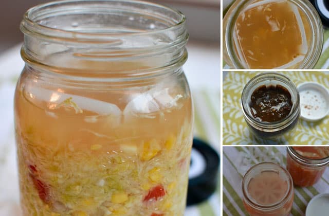 Four images showing jars of sauerkraut, chutney, and fermented carrots using the ViscoDisc tabs. | MakeSauerkraut.com