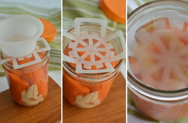 Three images showing the process of inserting  the ViscoDisc to ferment carrot sticks inside a jar. | makesauerkraut.com