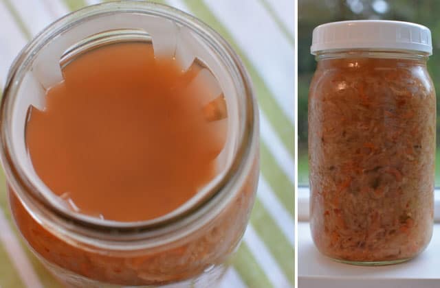 Left image showing top view of kimchi-style sauerkraut in a jar with brine on top of the ViscoDisc tab and right image showing the front view of filled and packed jar.  | MakeSauerkraut.com