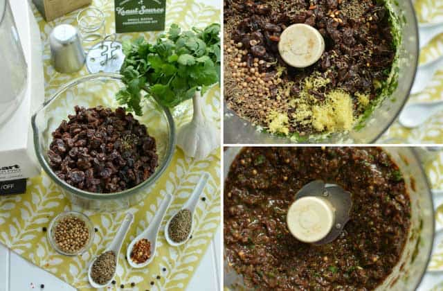 Three image collage showing the pulsed ingredients for Fermented Raising Chutney in a food processor, left image showing the pulsed raisins in a bowl, three spoons with herbs, bowl of herbs, and a whole garlic to the side, top right showing top view of the paste with added yellow seasoning, and bottom right showing finished Fermented Raisin Chutney in the food processor. | MakeSauerkraut.com
