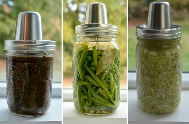 Three images in a row of Kraut Source fermentation kit used to make raisin chutney, fermented green beans and sauerkraut. | MakeSauerkraut.com