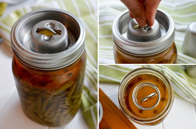 Three collage image of the fermented jar of green beans at the top view, left image showing the top of the Kraut Source Fermentation Lid, top right image showing fingers holding the small hook in the middle of the lid, bottom right showing the Kraut Source Fermentation lid's spring and plate inside the jar. | MakeSauerkraut.com