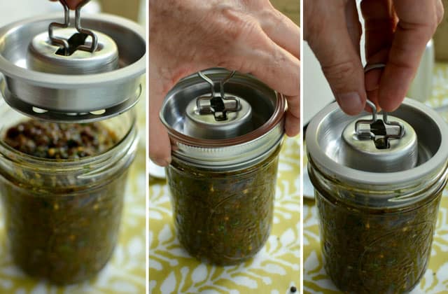 Three images in a row of a pint jar of Fermented Raisin Chutney showing how the Kraut Source Fermentation Lid is being placed into the jar from left to right. | MakeSauerkraut.com