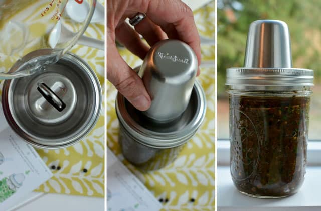 Three images in a row of a pint jar of Fermented Raisin Chutney, leftmost image showing a measuring glass pouring water into the moat, middle image with fingers fitting the cap, rightmost image showing front view of packed fermented Raisin Chutney. | MakeSauerkraut.com