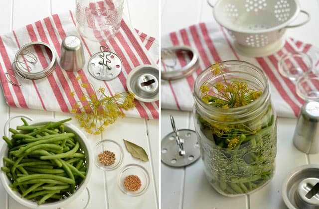 Two images side-by-side, left image showing a bowl of green beans, two small bowls of herbs, and some fresh flower, with the parts f the Kraut Source lids and jar placed over striped red and white cloth, right image showing ingredients packed in the jar. | MakeSauerkraut.com