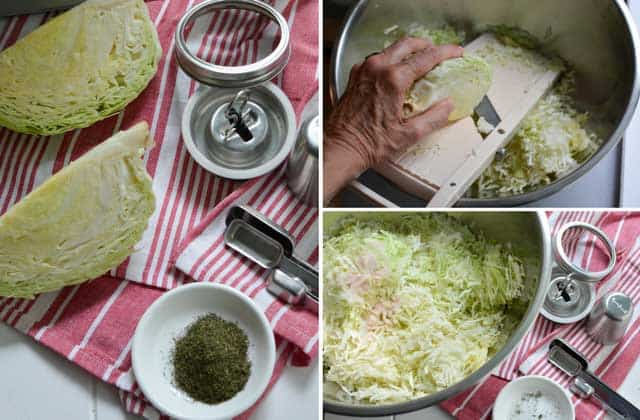 Three image collage, left image shows 2 quarter sliced green cabbage, a white saucer of herb, and parts of the Kraut Source Fermentation lid, top right showing hand pushing a cabbage over a mandolin in a metal bowl, bottom right shows a bowl filled with sliced cabbages and parts of the Kraut Source Fermentation lid. | MakeSauerkraut.com