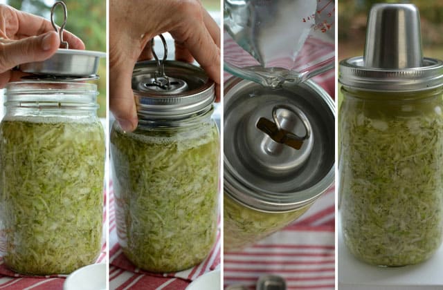 Four images in a row showing the process of putting in the Kraut Source Fermentation lid over a filled jar of sauerkraut. | MakeSauerkraut.com