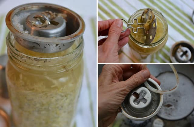 Three image collage, left image showing a partially opened jar of sauerkraut and Kraut Source Fermentation lid with some gunk due to the brine overflowing, Top right showing fingers pulling the metal plate of the Kraut Source Fermentation lid from the jar, bottom right showing fingers holding the rubber rim and lid. | MakeSauerkraut.com