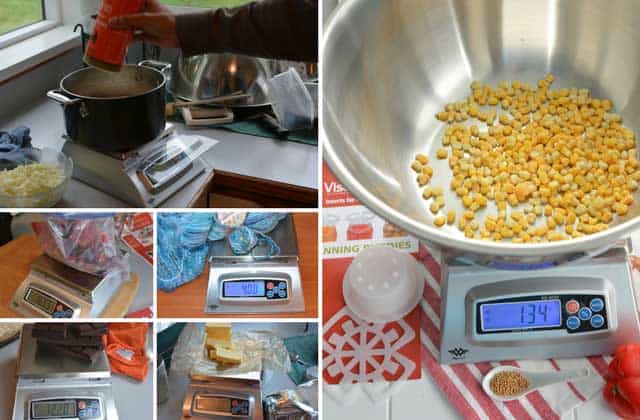 A seven image collage of MyWeigh KD-8000 Digital Scale with different ingredients being weighed in. | MakeSauerkraut.com
