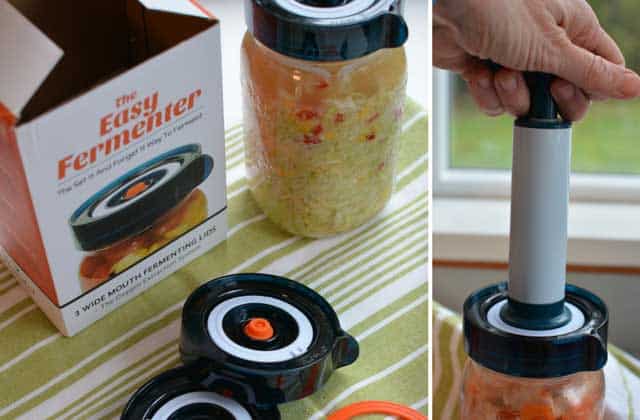 Two images in a row showing the Easy Fermenter Lid, left image showing the box, a jar of fermented sauerkraut with the lid on, and 2 extra lids, right image showing a hand pushing the handle of a black and white small vacuum pump over the lid of the jar. | MakeSauerkraut.com