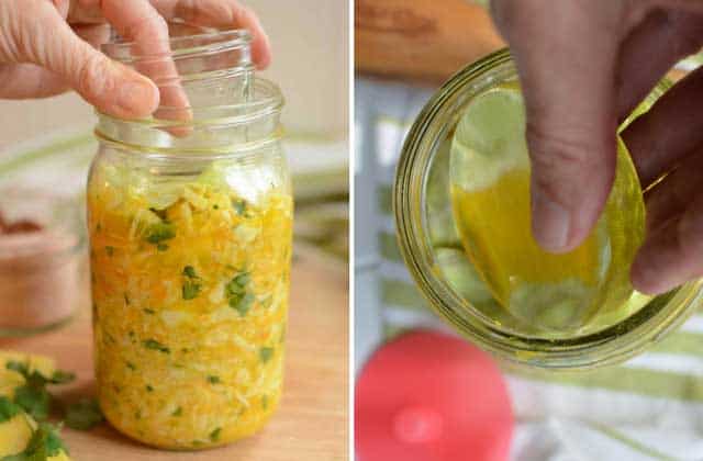 Two images side-by-side, left showing a filled jar of sauerkraut and a hand inserting a small jelly jar as weight, and the right showing a hand picking a circular glass fermentation weight.  | MakeSauerkraut.com