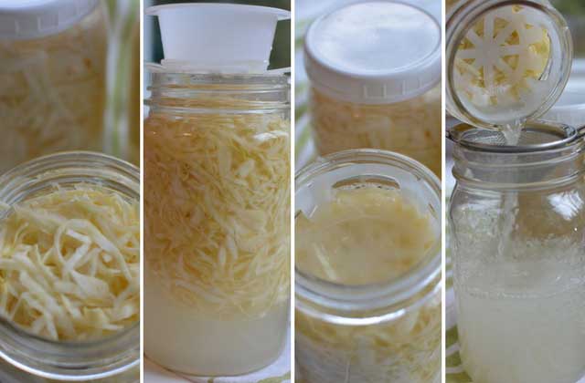 Four images in a row, leftmost showing the top view of an open jar of sauerkraut, 2nd image showing the how the ViscoDisc Canning Buddies is inserted in the jar, 3rd image showing top view of jar with the Canning Buddies insider, rightmost image showing the jar being strained by the Canning Buddies and brine being pored into another jar. | MakeSauerkraut.com