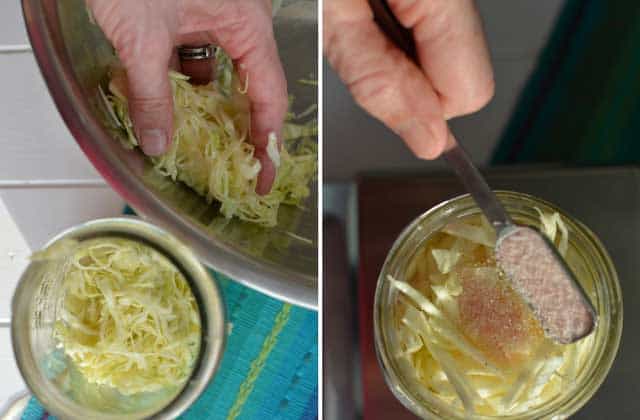 Two images in a row, left image showing a hand transferring thinly sliced cabbages rom the bowl to the jar, right image showing a small metal scooper adding salt above opened jar of sauerkraut. | MakeSauerkraut.com