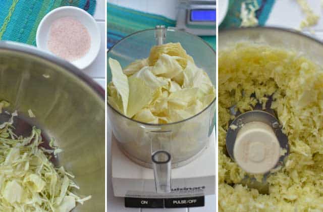 Three images in a row, leftmost images showing sliced cabbage in metal bowl, middle image showing cabbage leaves in a processor, rightmost image showing grated cabbages inside a processor. | MakeSauerkraut.com