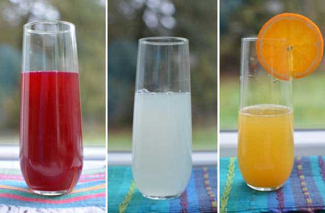 Three images of glasses in a row, left image showing a glass of gut shot in red color, middle showing one in white color, third image showing one in orange. | MakeSauerkraut.com