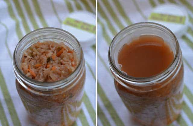 Two images in a row showing top view of an opened sauerkraut, left showing exposed vegetables, right showing only the brine near the rim. | MakeSauerkraut.com