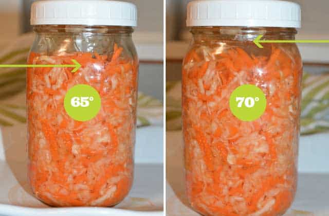 Two images of filled jar of sauerkraut, left image with a green circle label showing "65°" and a green arrow pointing to where the brine is while the right has the label of "70°" with more brine an a green arrow pointing where. | MakeSauerkraut.com