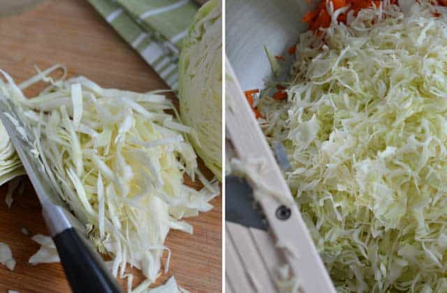 Two images of sliced cabbages, left image showing thin cuts of cabbage using a cabbage knife, and right image showing piles of cabbages using a mandolin. | MakeSauerkraut.com