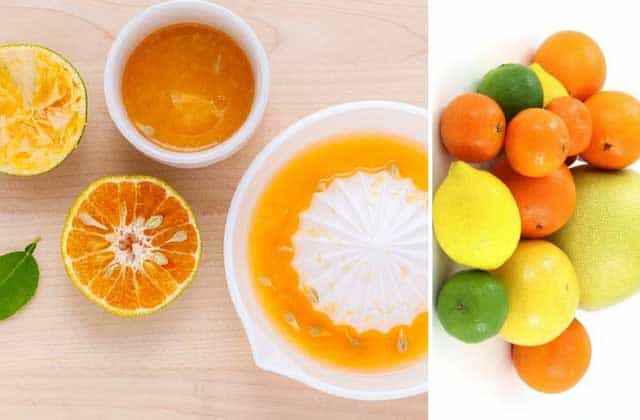 Two images side-by-side, left image showing half of orange and lime and a citrus juices and a white bowl filled with citrus juice, right image showing piles of citrus fruits. | MakeSauerkraut.com