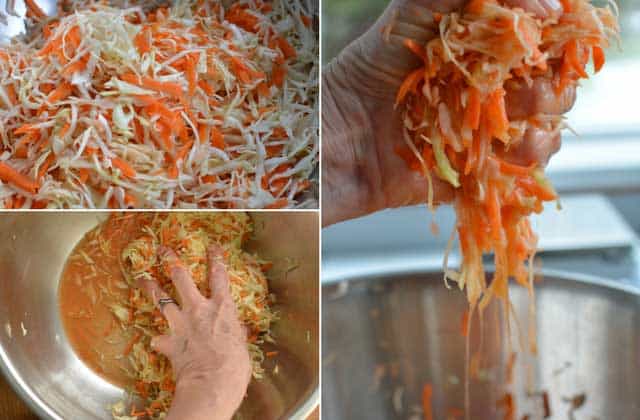 Three collage image, top left image showing piles of thinly sliced carrots and cabbages in a metal bowl, bottom left showing a hand mixing those two together, and right image showing a hand squeezing a pile of carrots and cabbages with the juice dripping down. | MakeSauerkraut.com