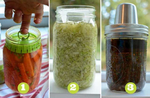 Three images in a row with green circle labels from 1-3 at bottom center of each image, leftmost showing a finger lifting a filled jar of fermented carrots from the hook of a Pickle Pusher, middle image showing the ViscoDisc Canning Buddies inside a filled jar, rightmost image showing the Kraut Source Fermentation lid with stainless steel spring and high top. | MakeSauerkraut.com