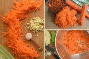 Grate carrots, mince garlic and add to bowl. | MakeSauerkraut.com