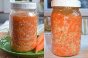 Jar of sauerkraut in bowl to catch brine. Microbes making bubbles during the first 24 hours. | MakeSauerkraut.com