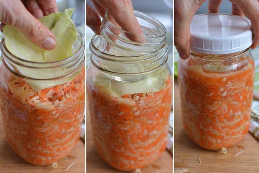 Place weight in jar and lightly screw lid on. | MakeSauerkraut.com