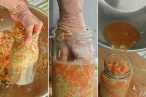 Grab handfuls of cabbage mixture and pack into jar. Pour in any extra brine. | MakeSauerkraut.com