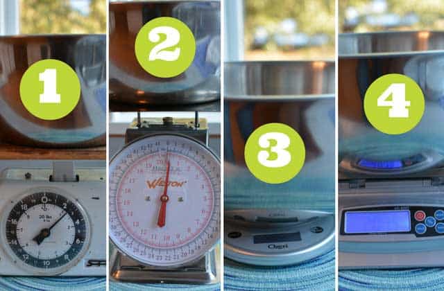 A four image collage of different types of kitchen scales with a green circle in the middle as label from 1-4. | MakeSauerkraut.com