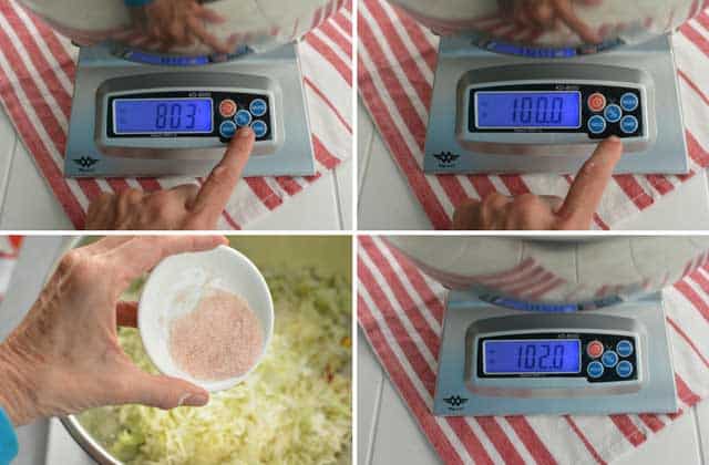 A four image collage of the MyWeigh KD-8000 digital scale showing how to use the Baker's Percentage function and the bottom left image showing a hand holding a small white bowl with herbs over a metal bowl with grated vegetables. | MakeSauerkraut.com