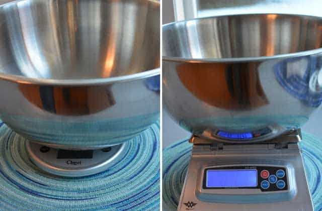 Two images of different scales and metal bowls on top with the left image being slim-notebook like scales that are covered up by large bowls and the right side showing the KD-8000.  | MakeSauerkraut.com