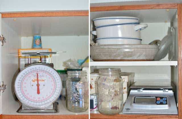 Two pictures showing the inside of a shelf with a mechanical scale taking up more space inside and the bottom right cabinet showing the MyWeigh KD-8000 taking up only small space with glass jars and boxes around. | MakeSauerkraut.com