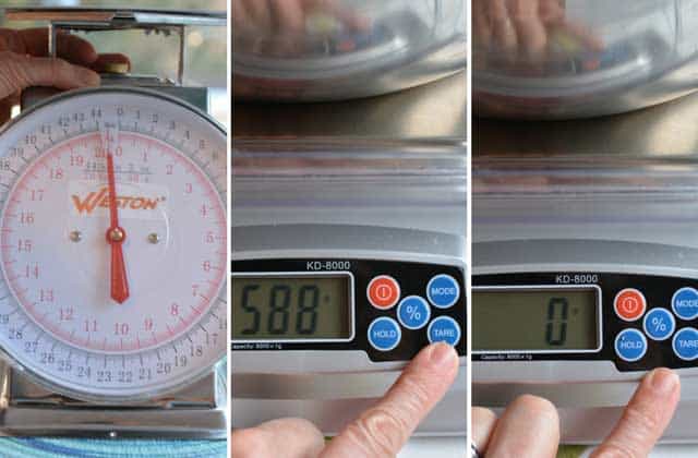 Three collage image with the leftmost image showing a mechanical scale and the middle and last image showing the monitor of a digital scale. | MakeSauerkraut.com
