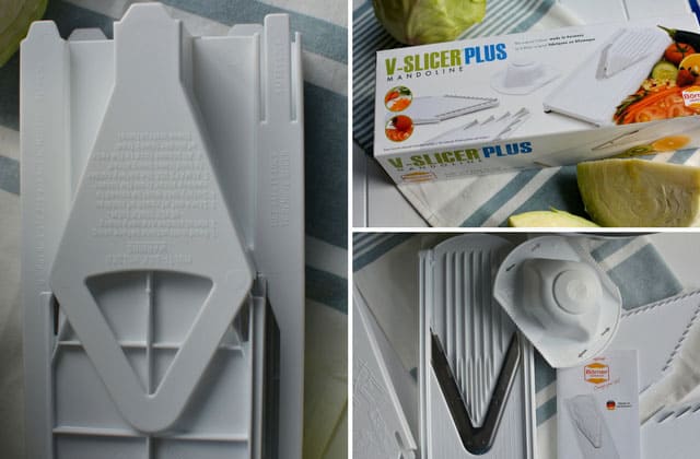 Three image collage of a SwissMar V-Slicer Plus Mandolin showing the bottom part, the box it came from and the parts with v-shaped blades. | MakeSauerkraut.com