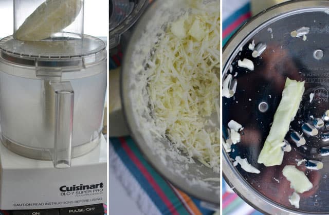 Three images side-by-side of a Cuisinart food processor with leftmost showing the machine on top of its box, the middle showing sliced cabbage inside the processor and the rightmost showing bits of cabbages stuck on the machine. | MakeSauerkraut.com